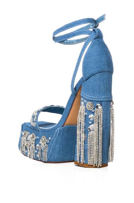 ADALIA-DENIM PLATFORM SANDAL W/ CRYSTALS & RHINESTONE FRINGE