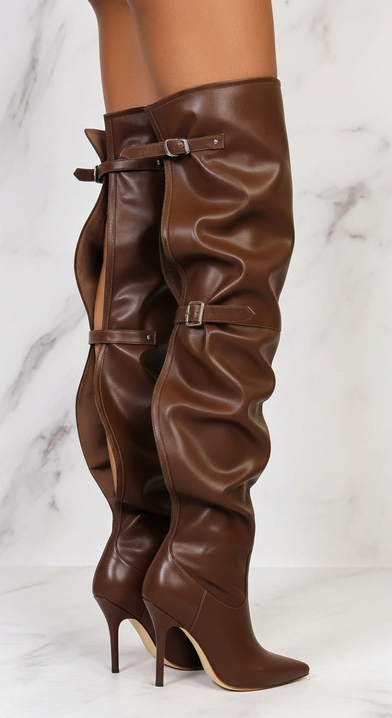 MOCHA MILAN BACK-BUCKLE THIGH HIGH HEEL BOOTS