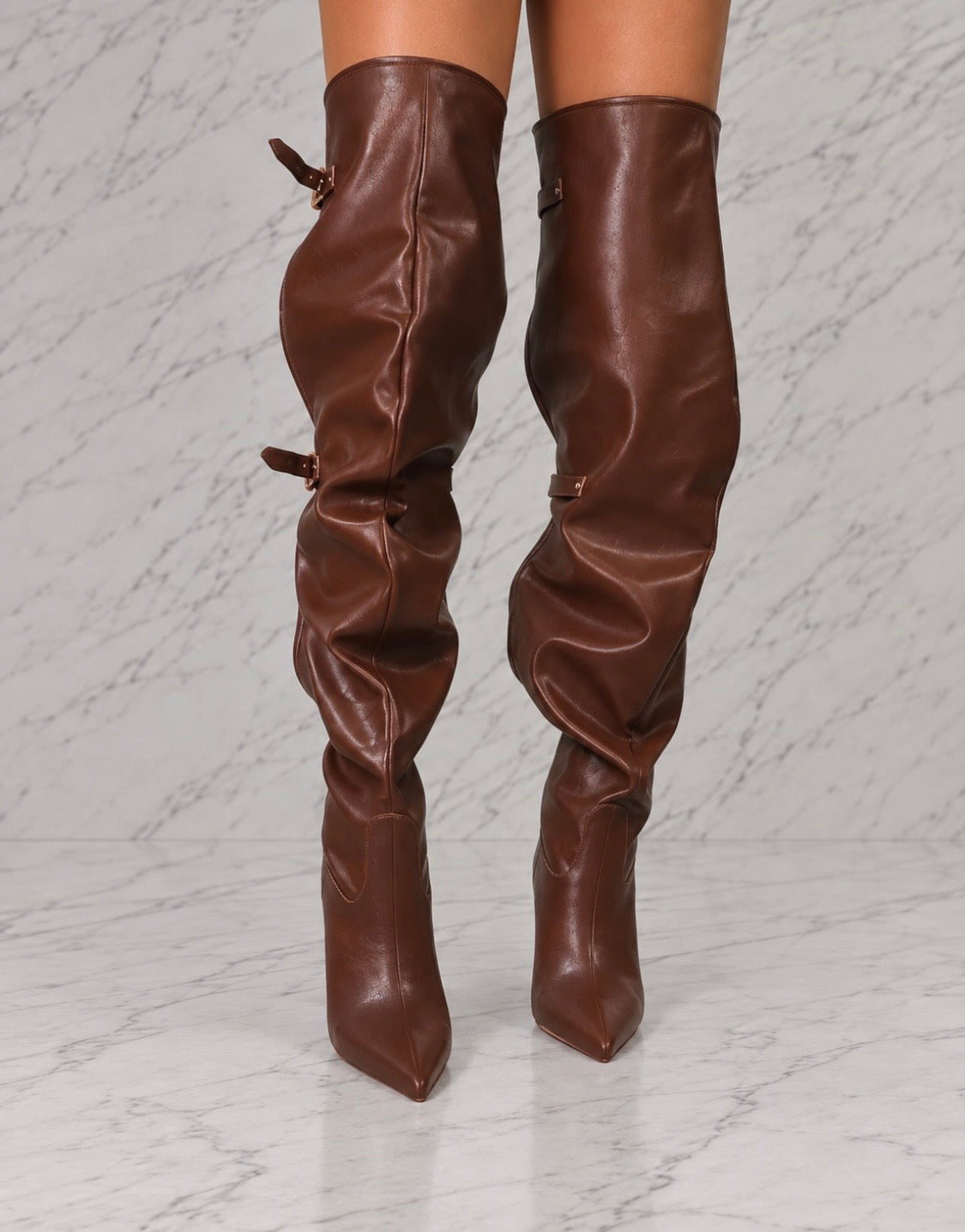MOCHA MILAN BACK-BUCKLE THIGH HIGH HEEL BOOTS