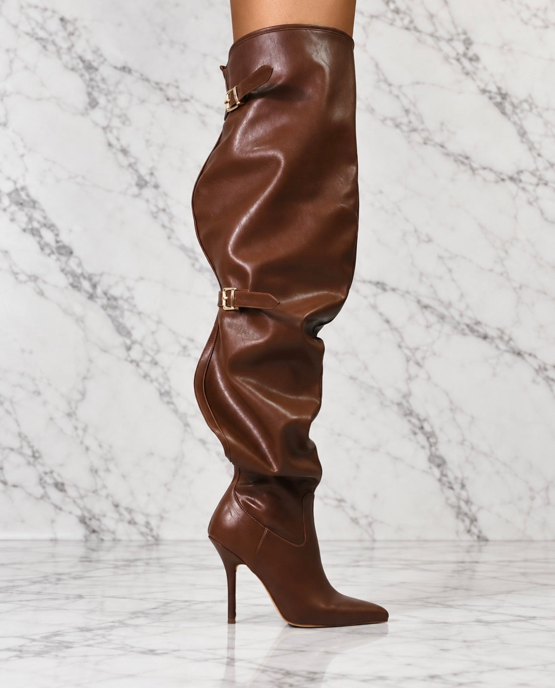 MOCHA MILAN BACK-BUCKLE THIGH HIGH HEEL BOOTS