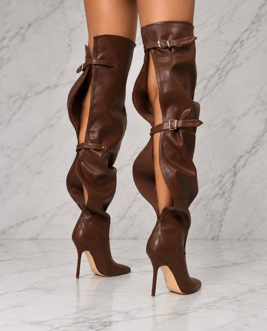 MOCHA MILAN BACK-BUCKLE THIGH HIGH HEEL BOOTS