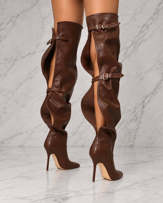 MOCHA MILAN BACK-BUCKLE THIGH HIGH HEEL BOOTS