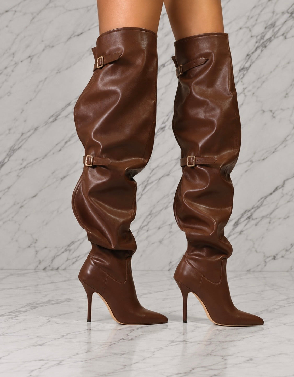 MOCHA MILAN BACK-BUCKLE THIGH HIGH HEEL BOOTS