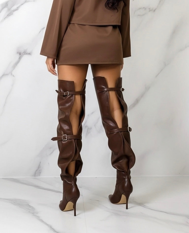 MOCHA MILAN BACK-BUCKLE THIGH HIGH HEEL BOOTS