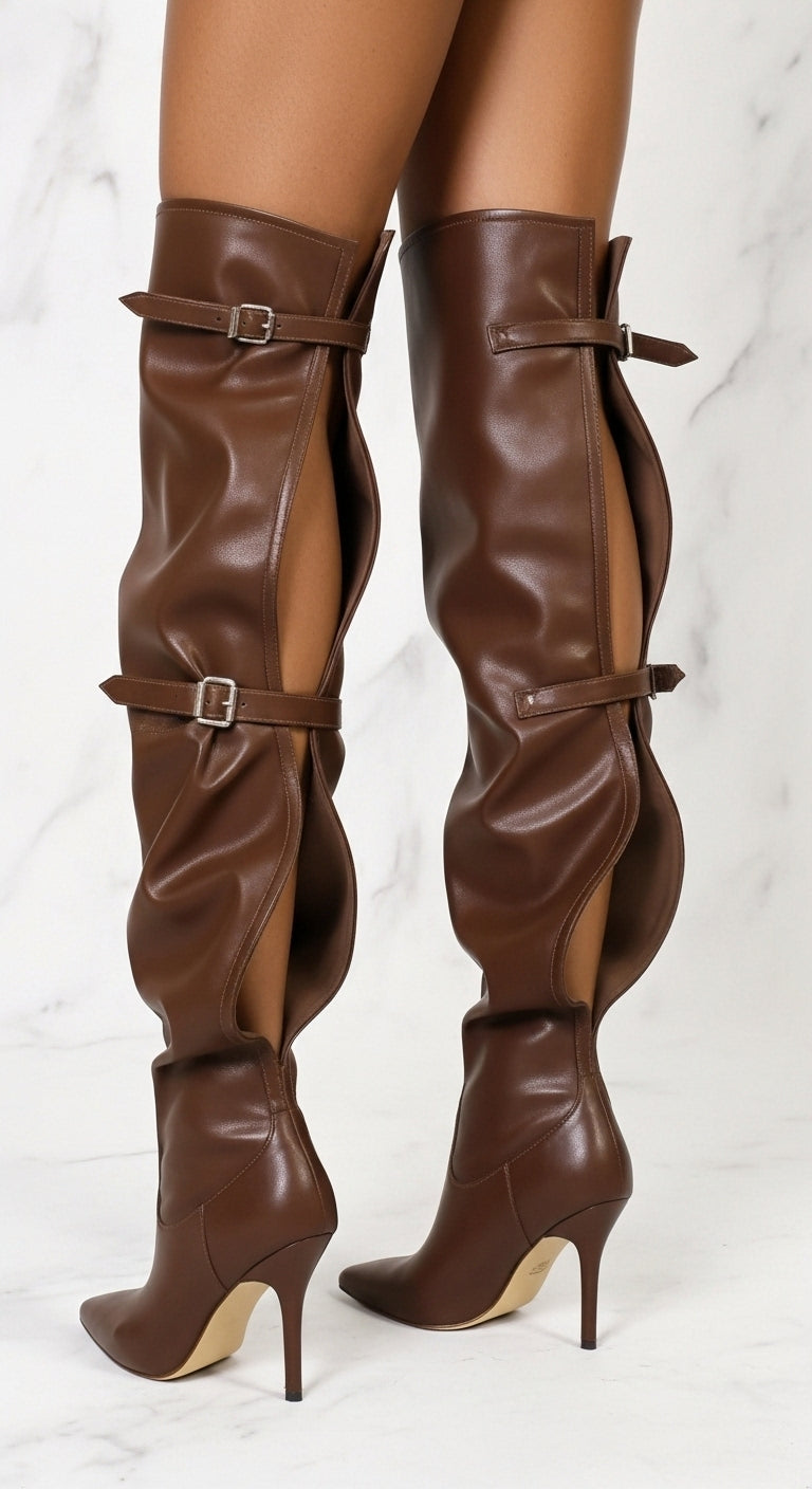 MOCHA MILAN BACK-BUCKLE THIGH HIGH HEEL BOOTS