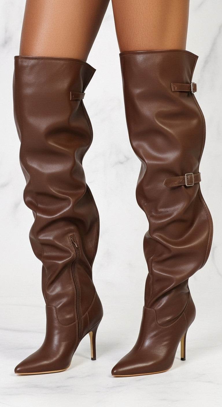 MOCHA MILAN BACK-BUCKLE THIGH HIGH HEEL BOOTS