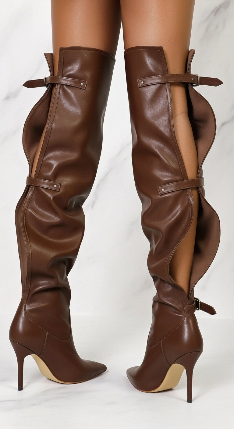 MOCHA MILAN BACK-BUCKLE THIGH HIGH HEEL BOOTS