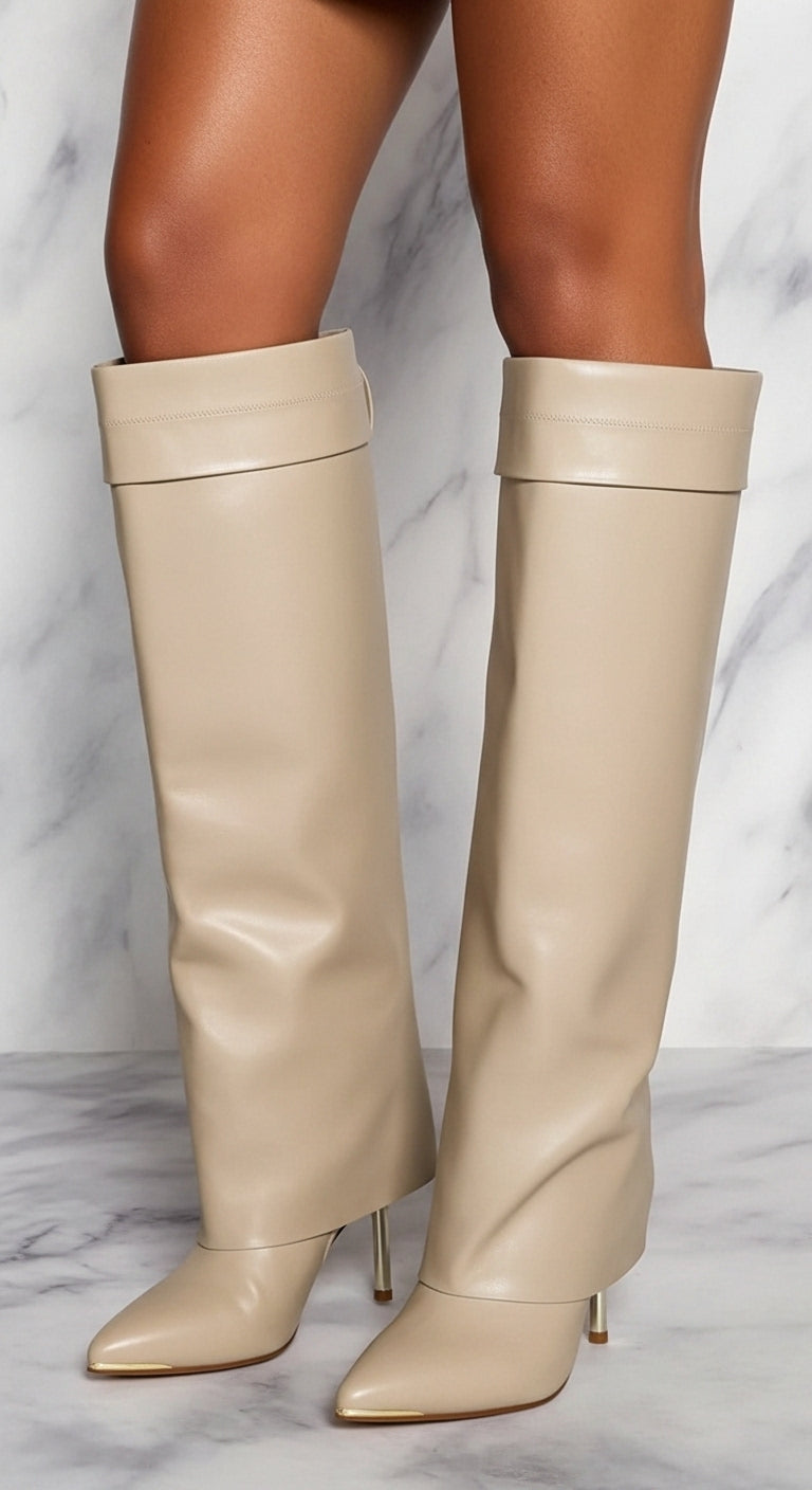 IVORY FOLD-OVER CALF HEEL BOOTS