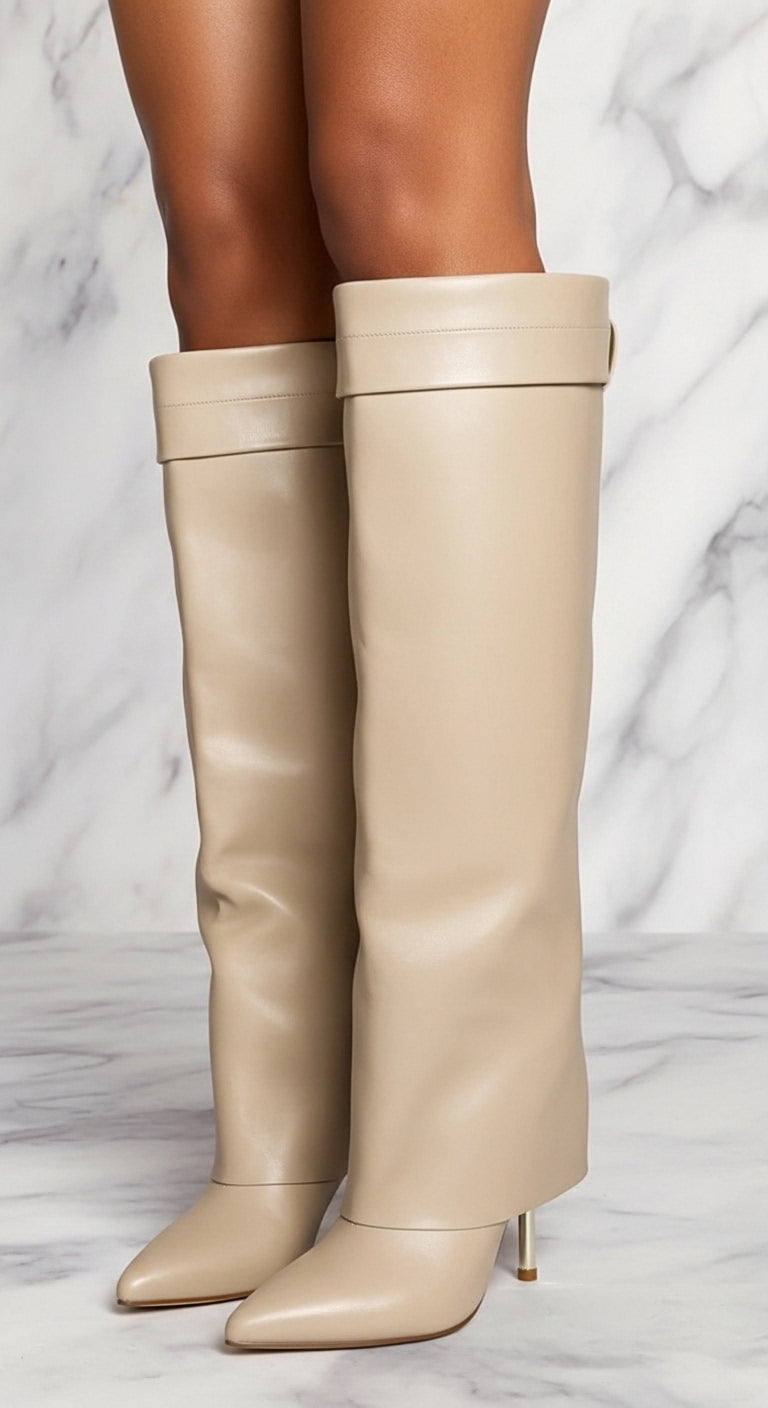 IVORY FOLD-OVER CALF HEEL BOOTS