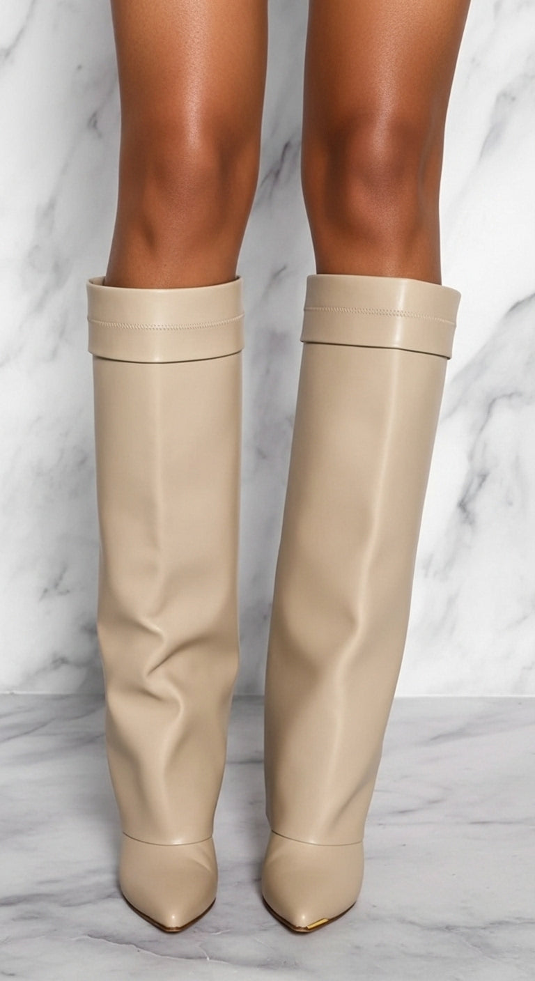 IVORY FOLD-OVER CALF HEEL BOOTS