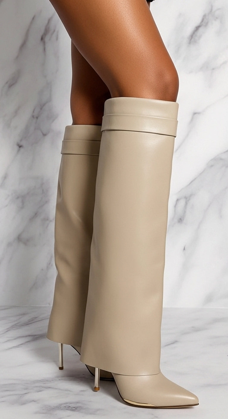 IVORY FOLD-OVER CALF HEEL BOOTS