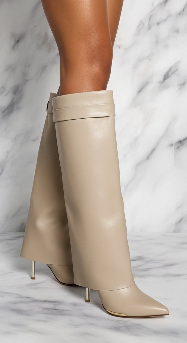 IVORY FOLD-OVER CALF HEEL BOOTS