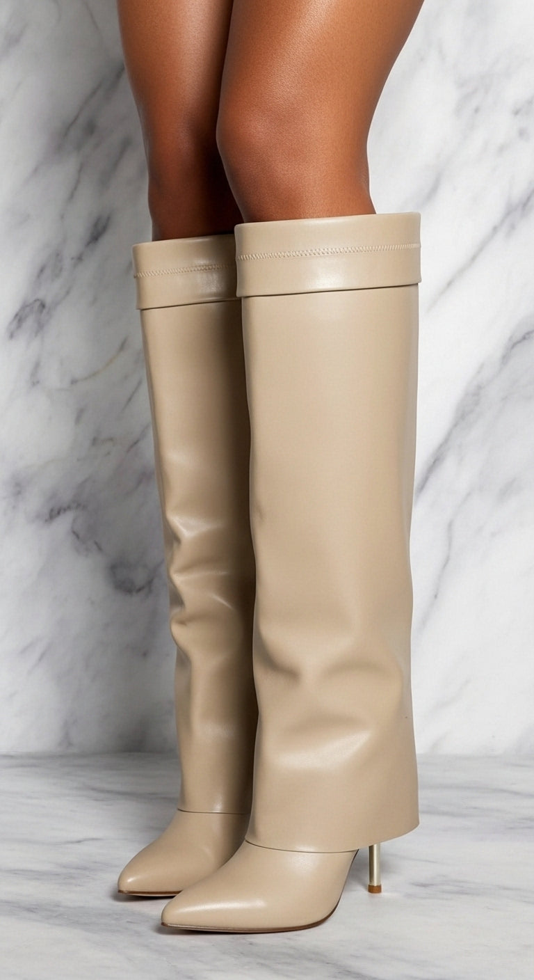 IVORY FOLD-OVER CALF HEEL BOOTS